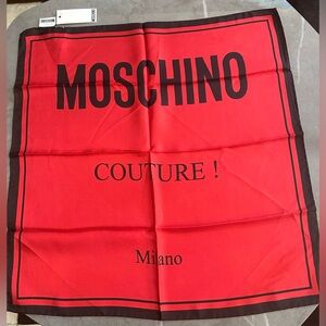 New! Moschino Couture Neck Silk Square Red/Black Logo Scarf Made in Italy20x20❤️